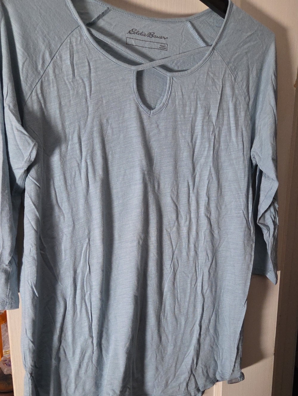 Eddie Bauer Pale Blue Long Sleeve Tee with Crisscross Keyhole Neck